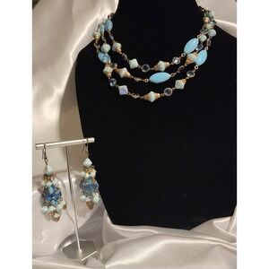 Vtg Alice Caviness Blue Glass Bead Multi Strand Necklace and Earring Set 1950's